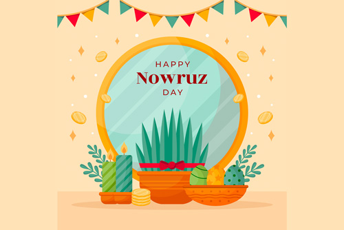 وکتور EPS و Ai لایه باز سفره هفت سین شامل آینه و سبزه و تخم مرغ رنگی و شمع و سکه ویژه عید نوروز